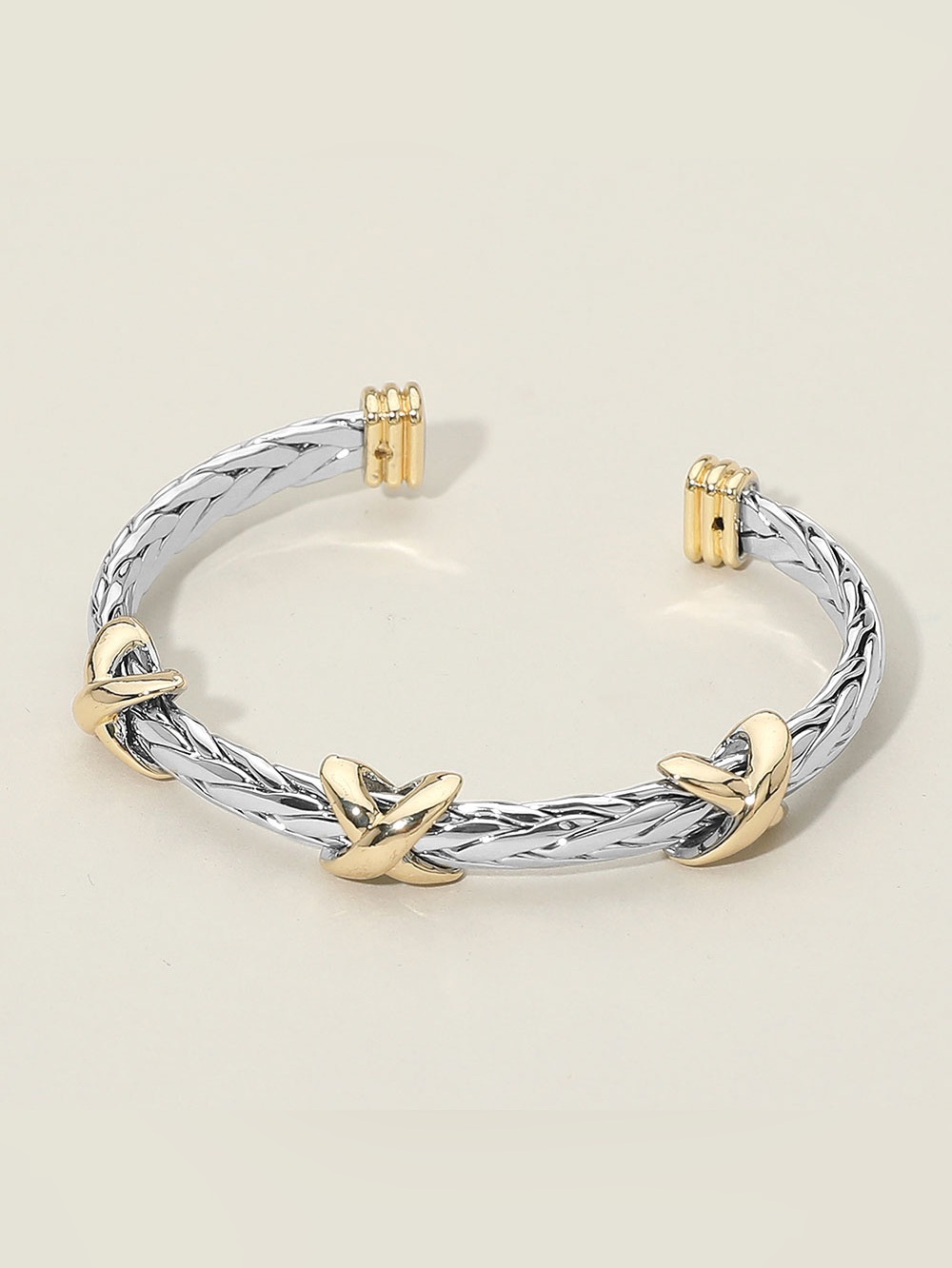 14K Gold Plated Two Tone Criss Cross Accent Braided Cuff Bracelet